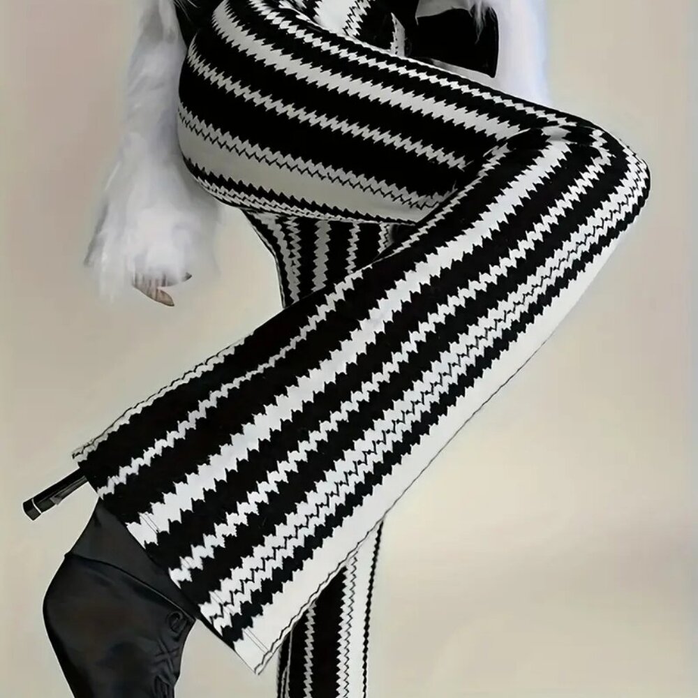 Vertical ZigZag Stripes Wide Leg Flared Pants Black White - Picture 6 of 8